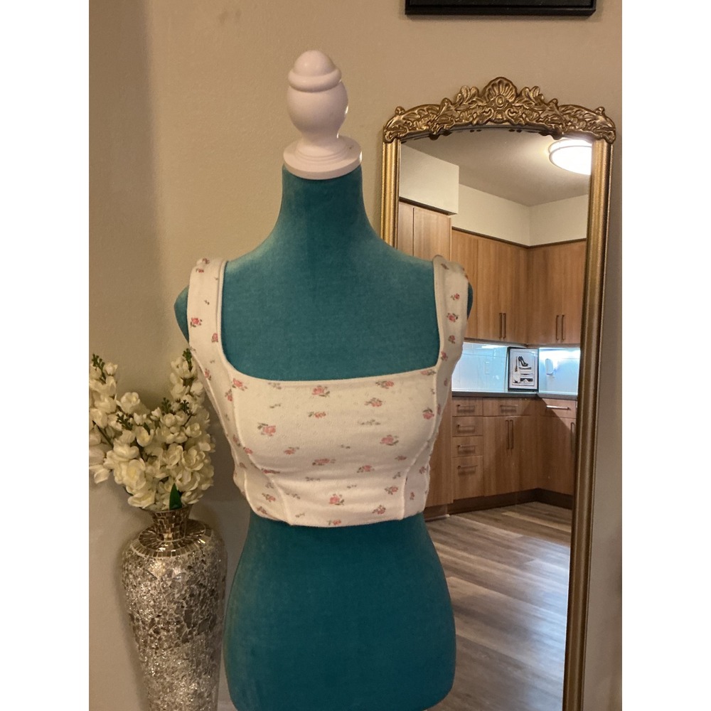 Floral Square Neck Corset Style Crop Top White Pink Rosebud Cottagecore Shirt